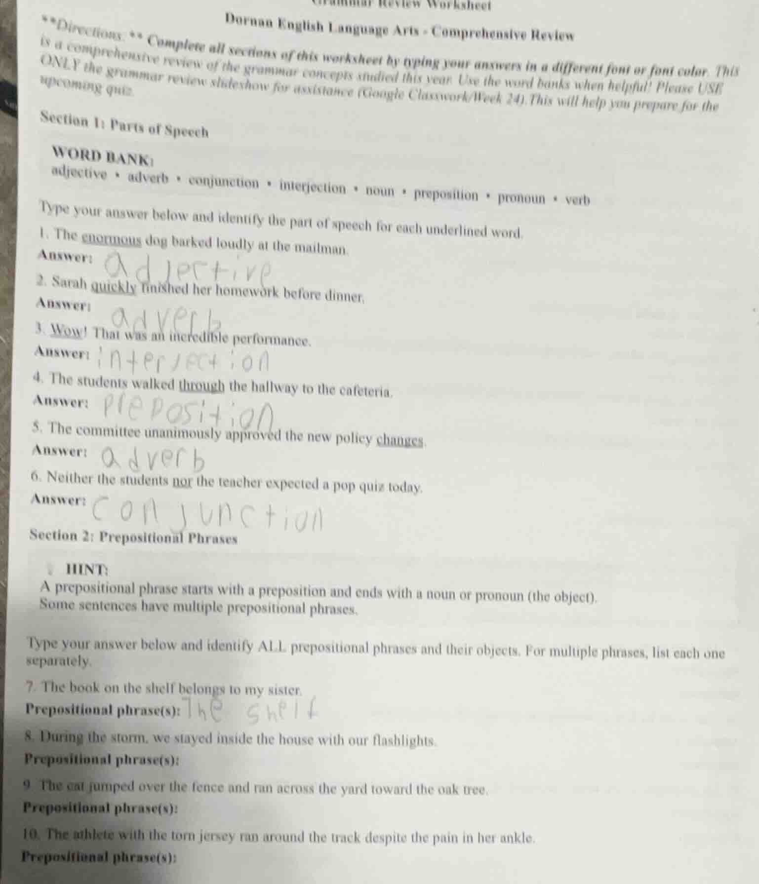 grammar review worksheet dornan english language arts - comprehensive r…
