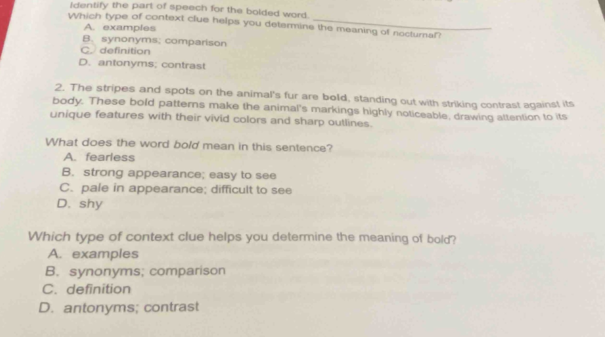 identify the part of speech for the bolded word. which type of context …