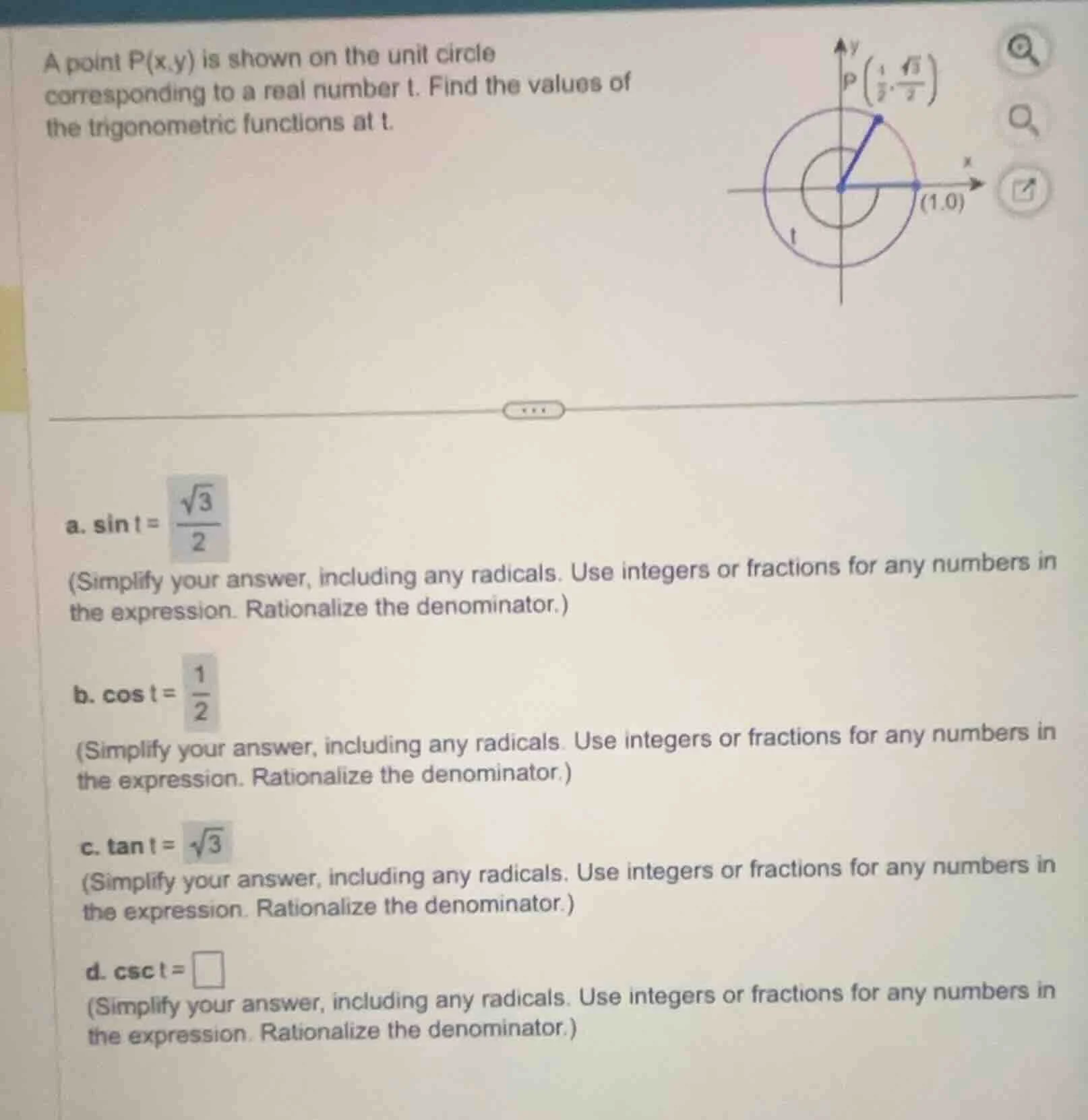 a point p(x,y) is shown on the unit circle corresponding to a real numb…