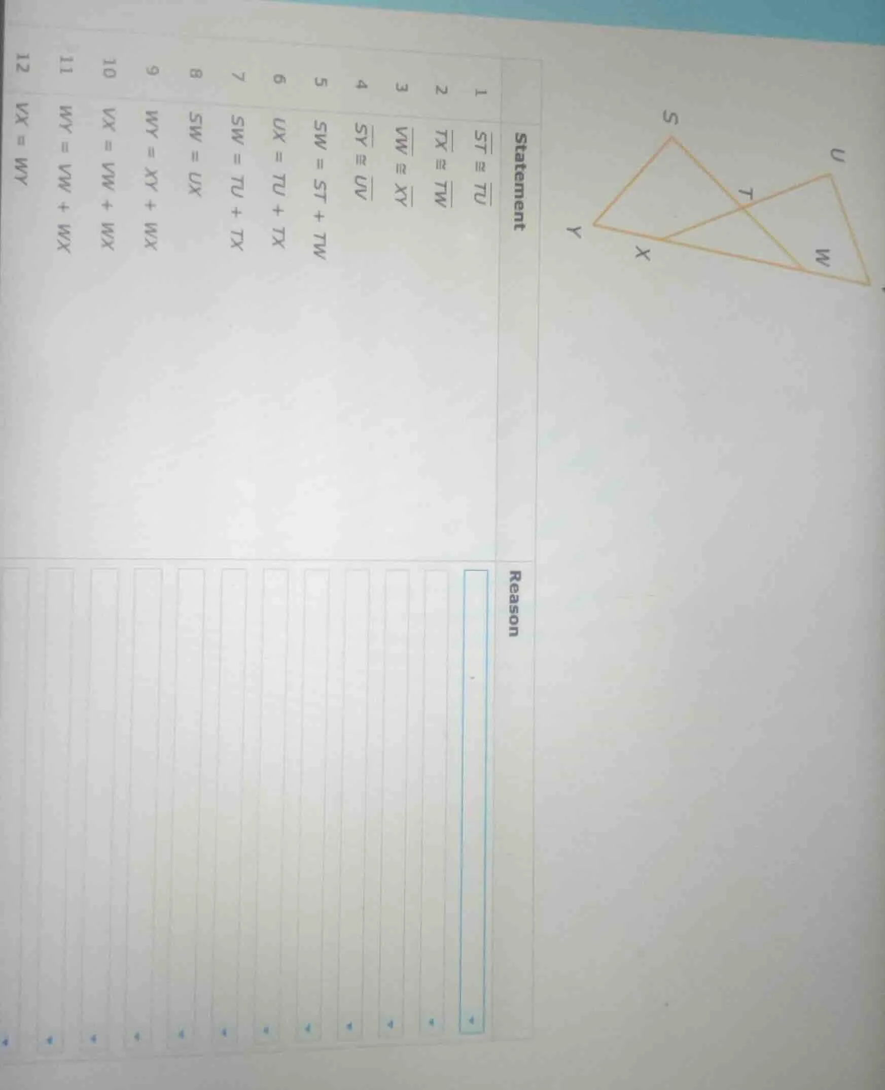 statement: 1. (overline{st} cong overline{tu}) 2. (overline{tx} cong ov…