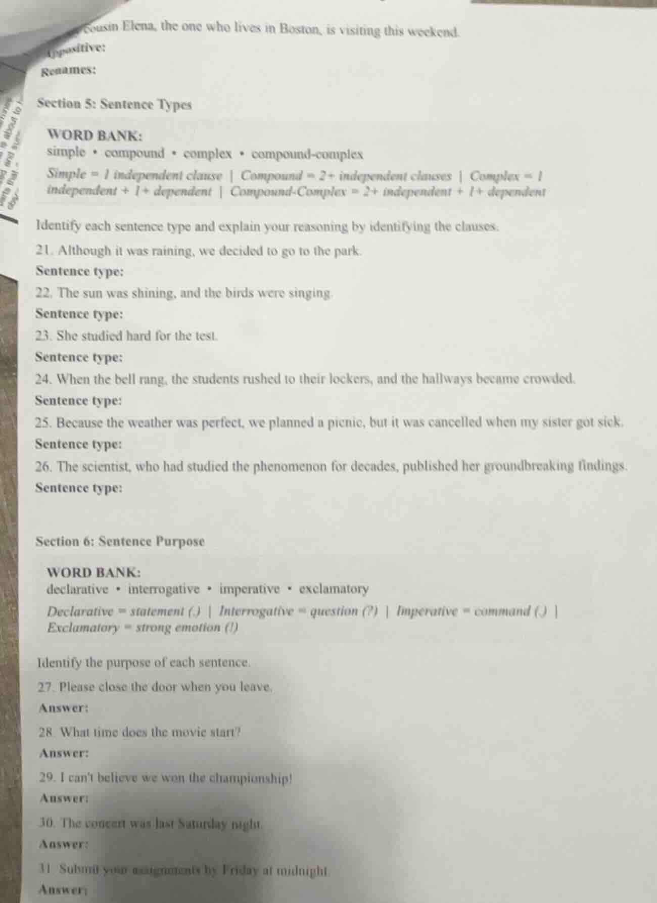 cousin elena, the one who lives in boston, is visiting this weekend. (p…