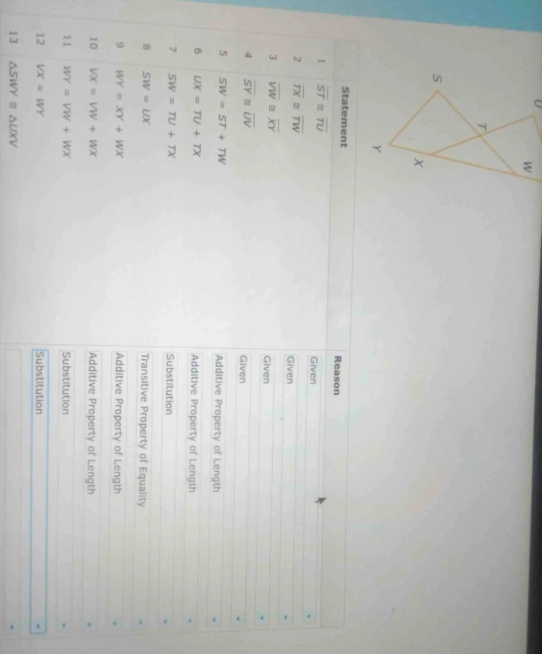 statement: 1. \\(\\overline{st} \\cong \\overline{tu}\\) 2. \\(\\overli…