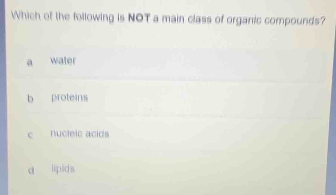 which of the following is not a main class of organic compounds? a wate…