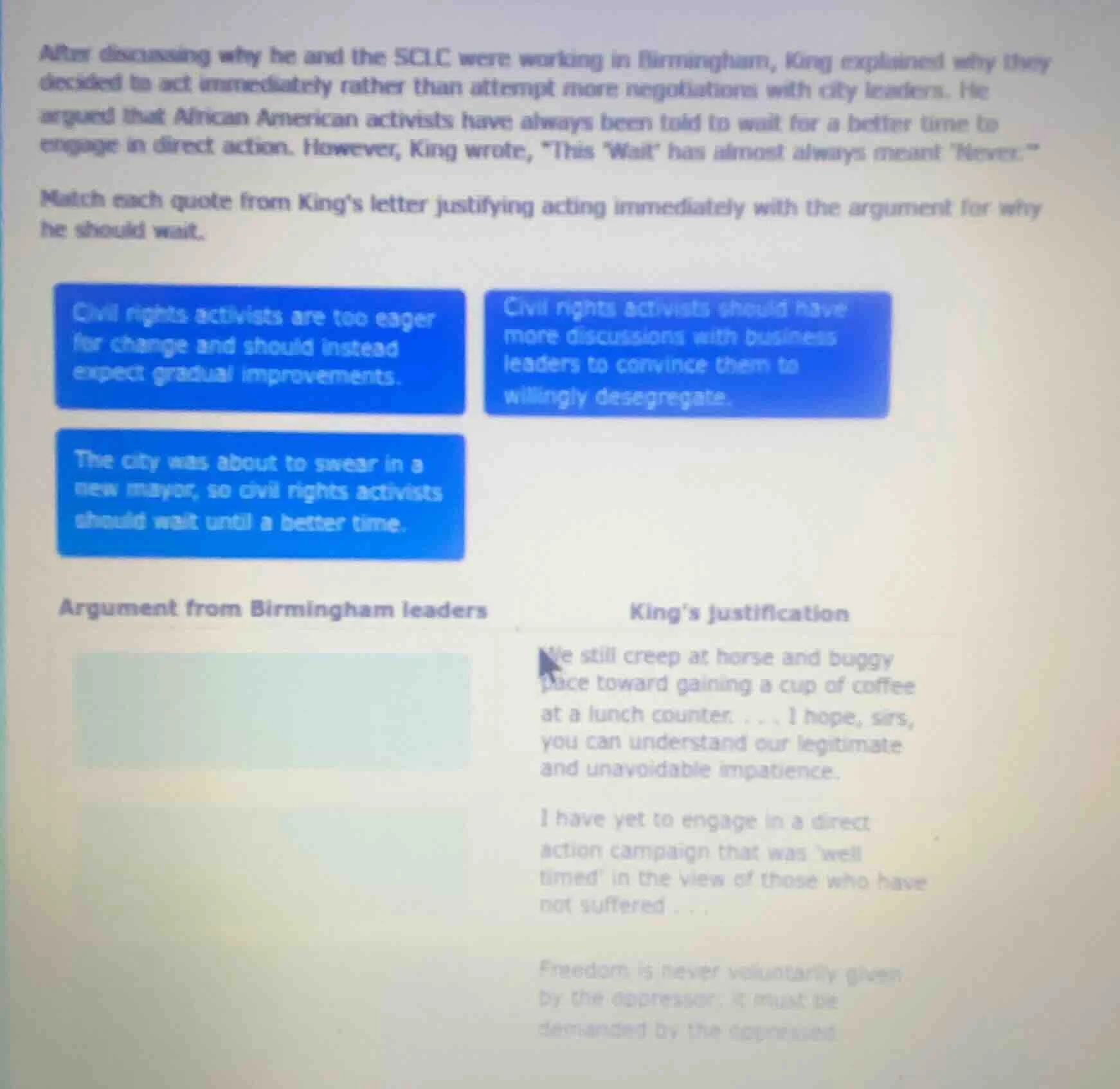 after discussing why he and the sclc were working in birmingham, king e…