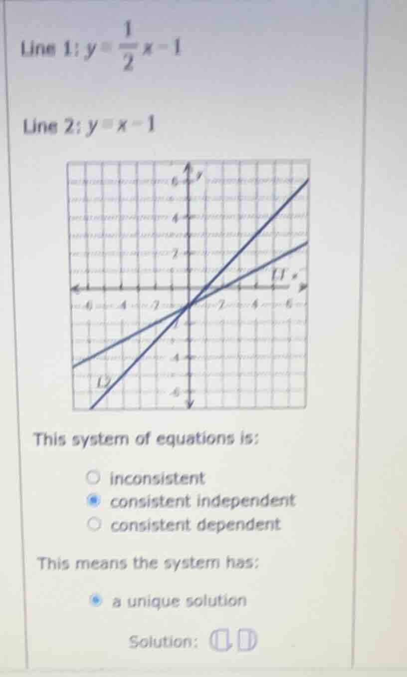 line 1: $y = \\frac{1}{2}x - 1$ line 2: $y = x - 1$ image of a coordina…