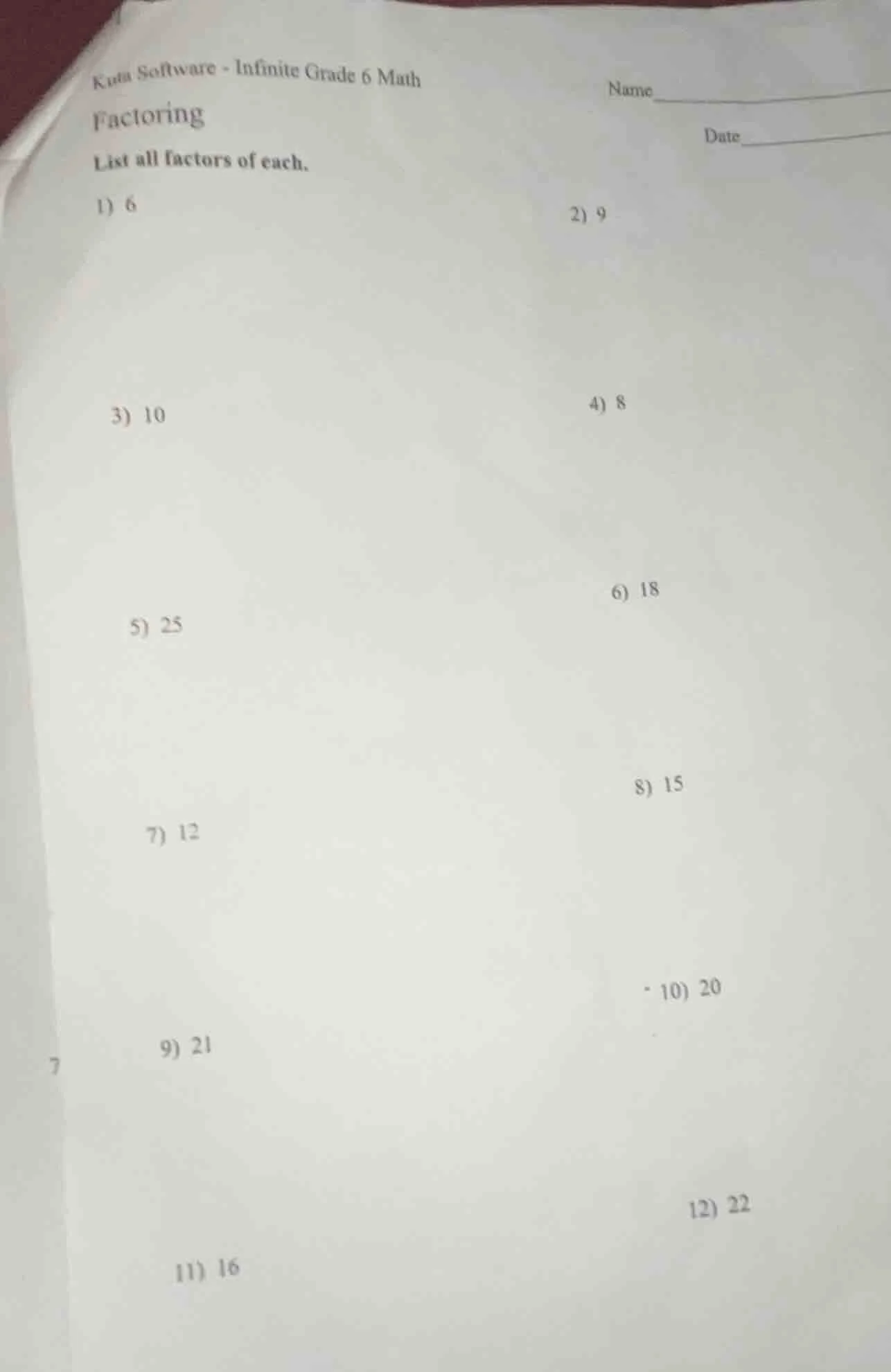 kuta software - infinite grade 6 math factoring list all factors of eac…