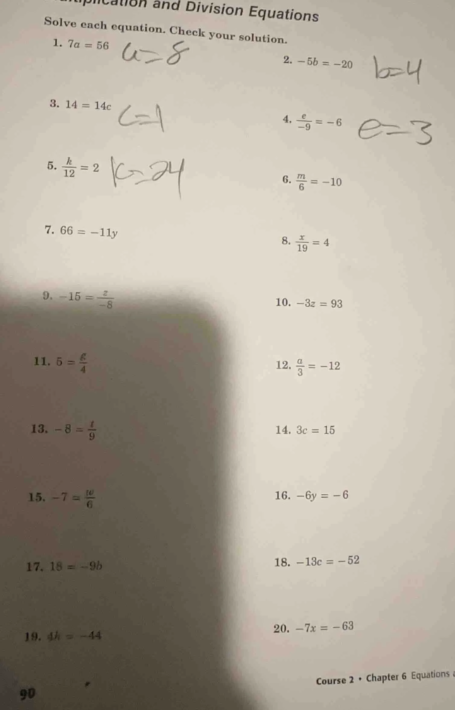 multiplication and division equations solve each equation. check your s…
