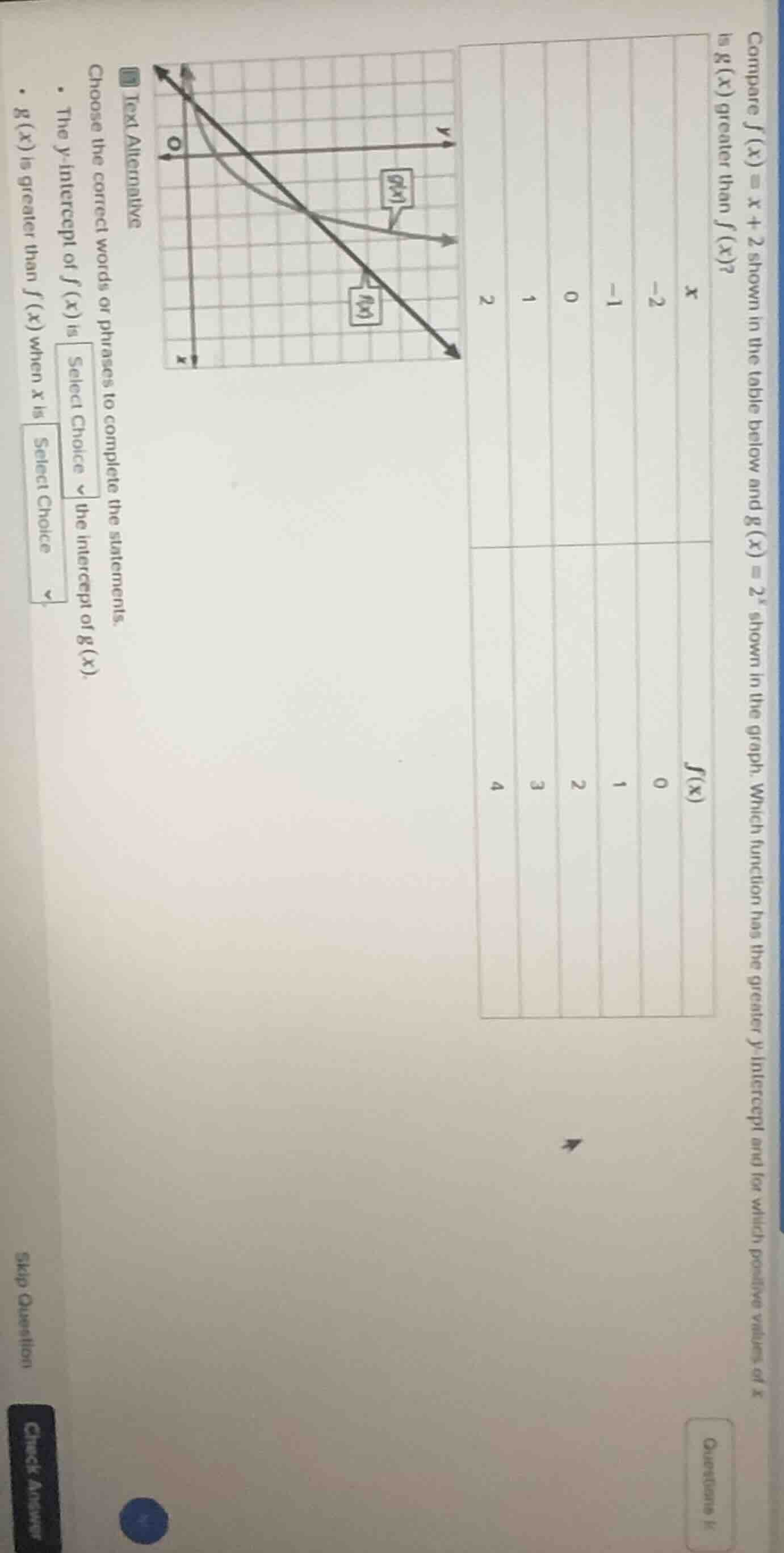 compare ( f(x) = x + 2 ) shown in the table below and ( g(x) = 2^x ) sh…