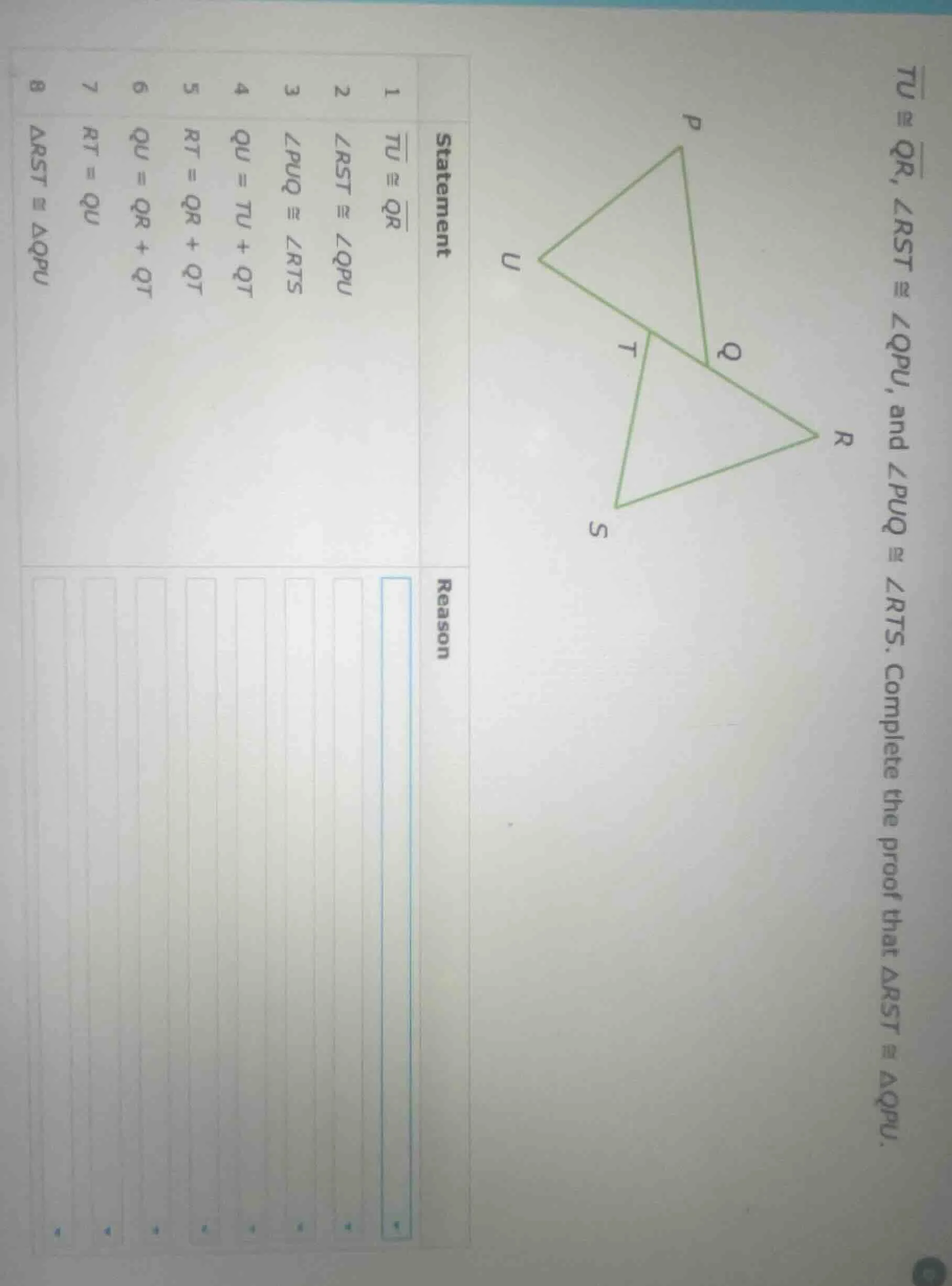 $\\overline{tu} \\cong \\overline{qr}$, $\\angle rst \\cong \\angle qpu…
