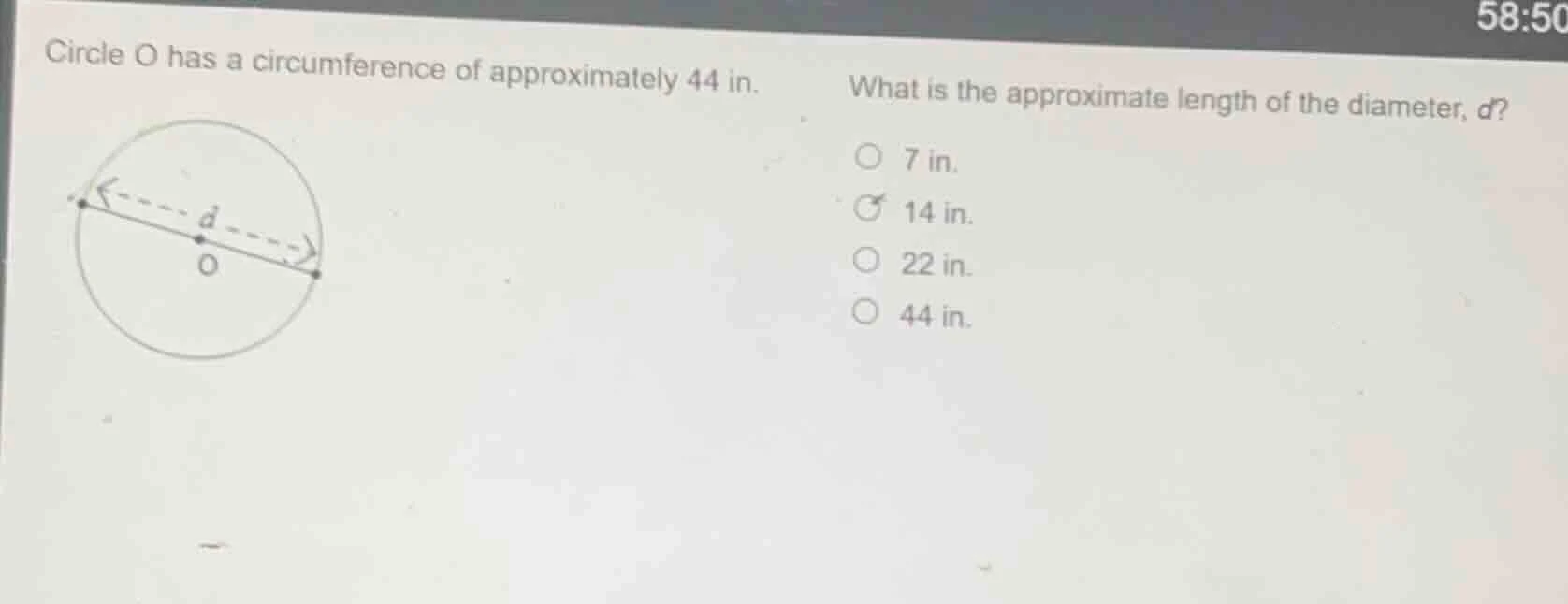 circle o has a circumference of approximately 44 in. what is the approx…