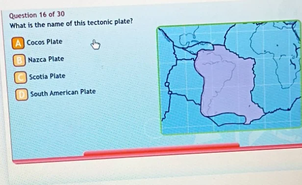question 16 of 30 what is the name of this tectonic plate? a cocos plat…
