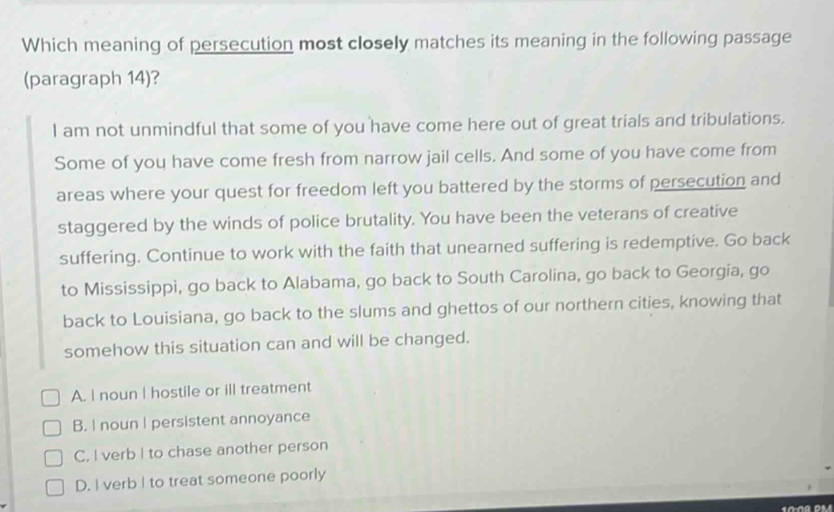 which meaning of persecution most closely matches its meaning in the fo…