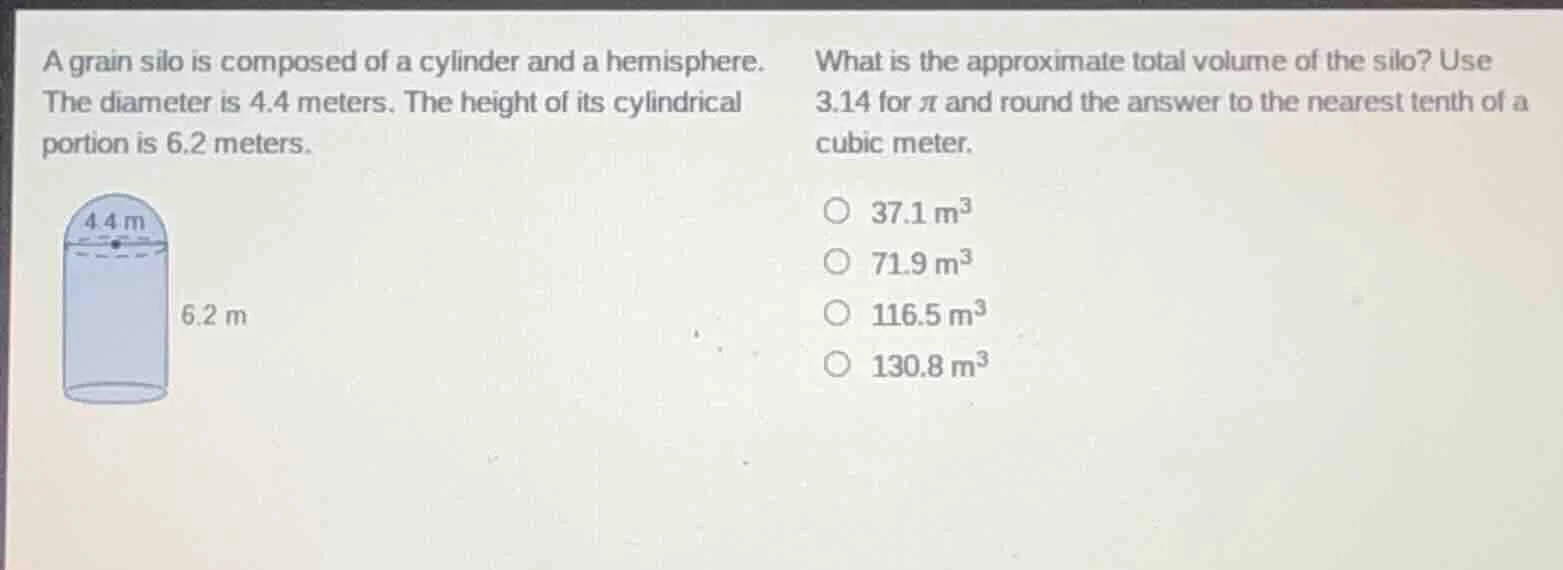 a grain silo is composed of a cylinder and a hemisphere. the diameter i…