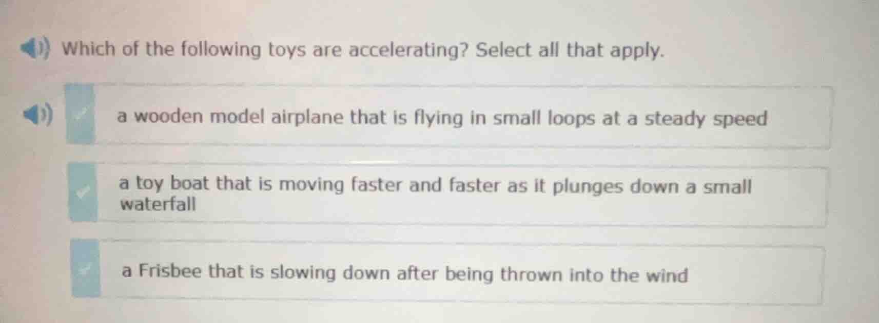 which of the following toys are accelerating? select all that apply. a …