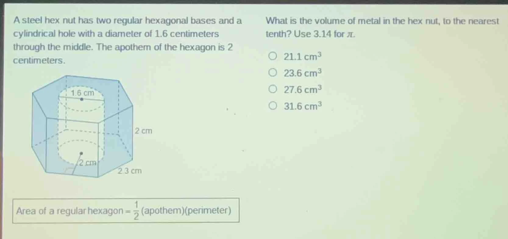 a steel hex nut has two regular hexagonal bases and a cylindrical hole …