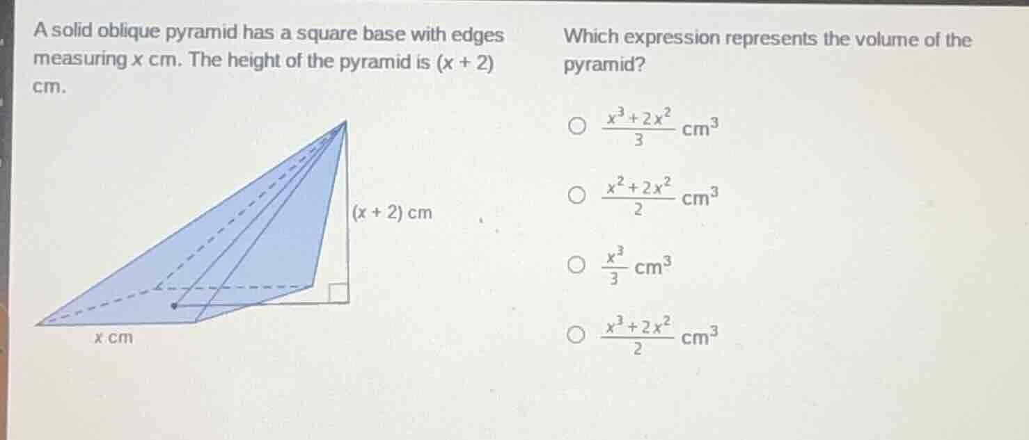 a solid oblique pyramid has a square base with edges measuring x cm. th…