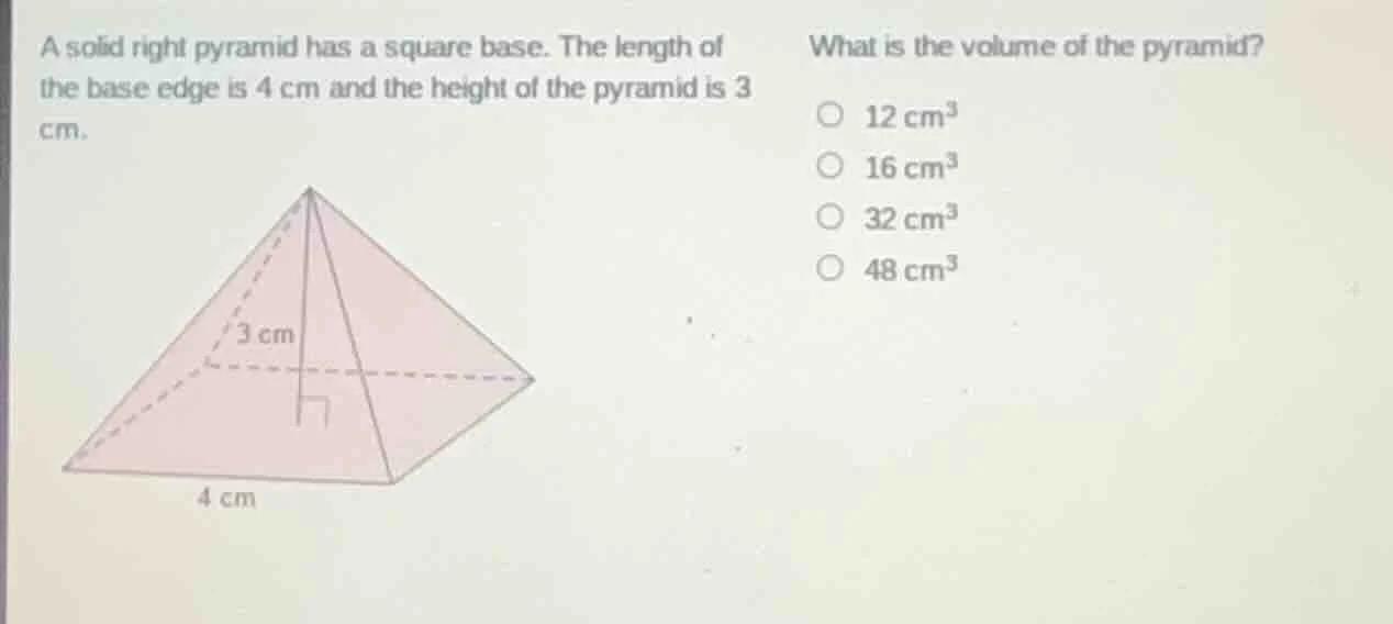 a solid right pyramid has a square base. the length of the base edge is…