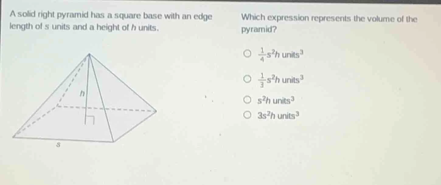 a solid right pyramid has a square base with an edge length of s units …
