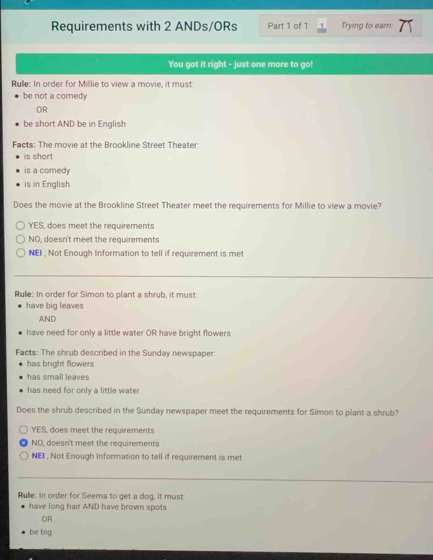 requirements with 2 ands/ors part 1 of 1 trying to earn: you got it rig…