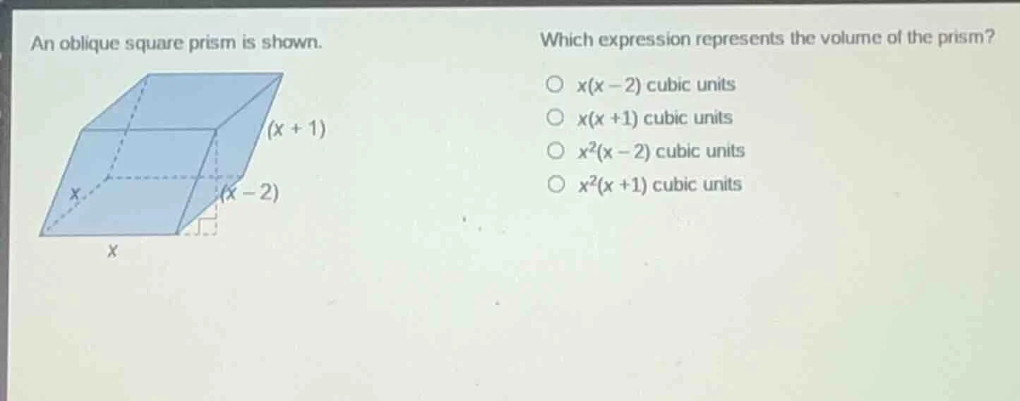 an oblique square prism is shown. which expression represents the volum…
