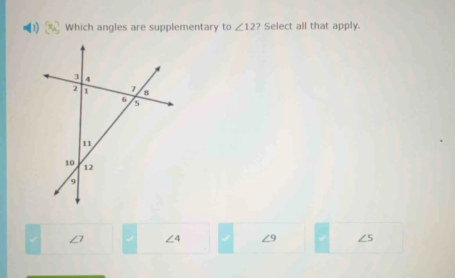 which angles are supplementary to $\\angle 12$? select all that apply.