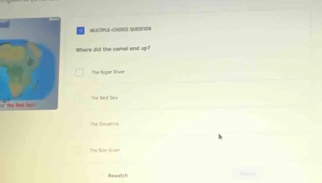 multiple-choice question where did the camel end up? the niger river th…