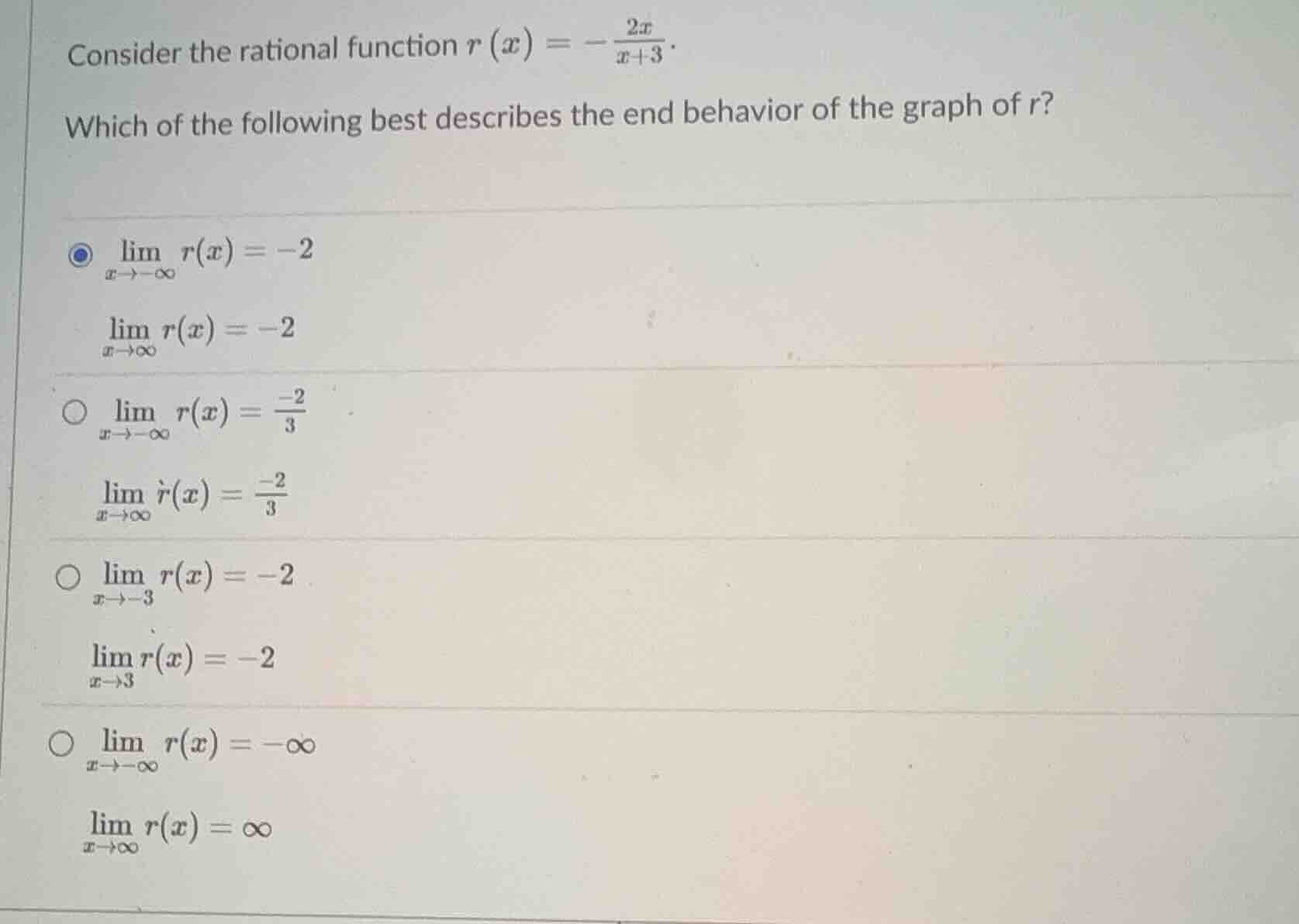 consider the rational function $r(x)=-\frac{2x}{x + 3}$. which of the f…