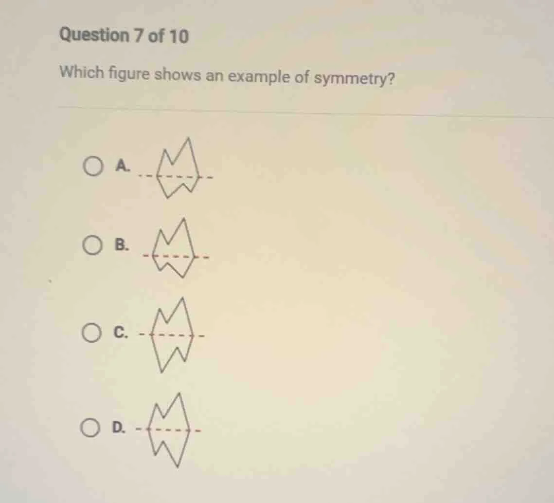 question 7 of 10 which figure shows an example of symmetry? a. b. c. d.