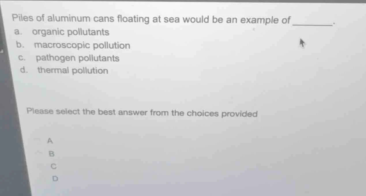 piles of aluminum cans floating at sea would be an example of ______. a…