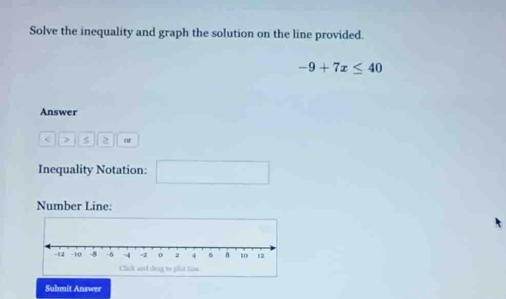 solve the inequality and graph the solution on the line provided. -9 + …