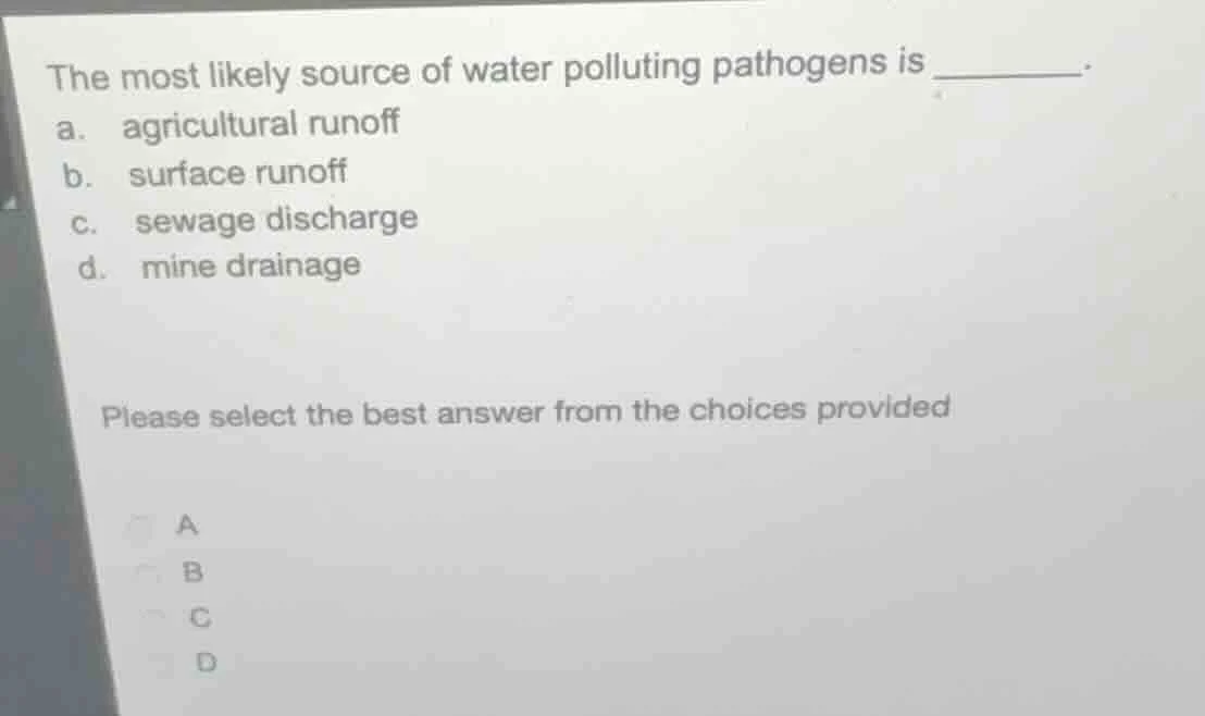 the most likely source of water polluting pathogens is ______. a. agric…