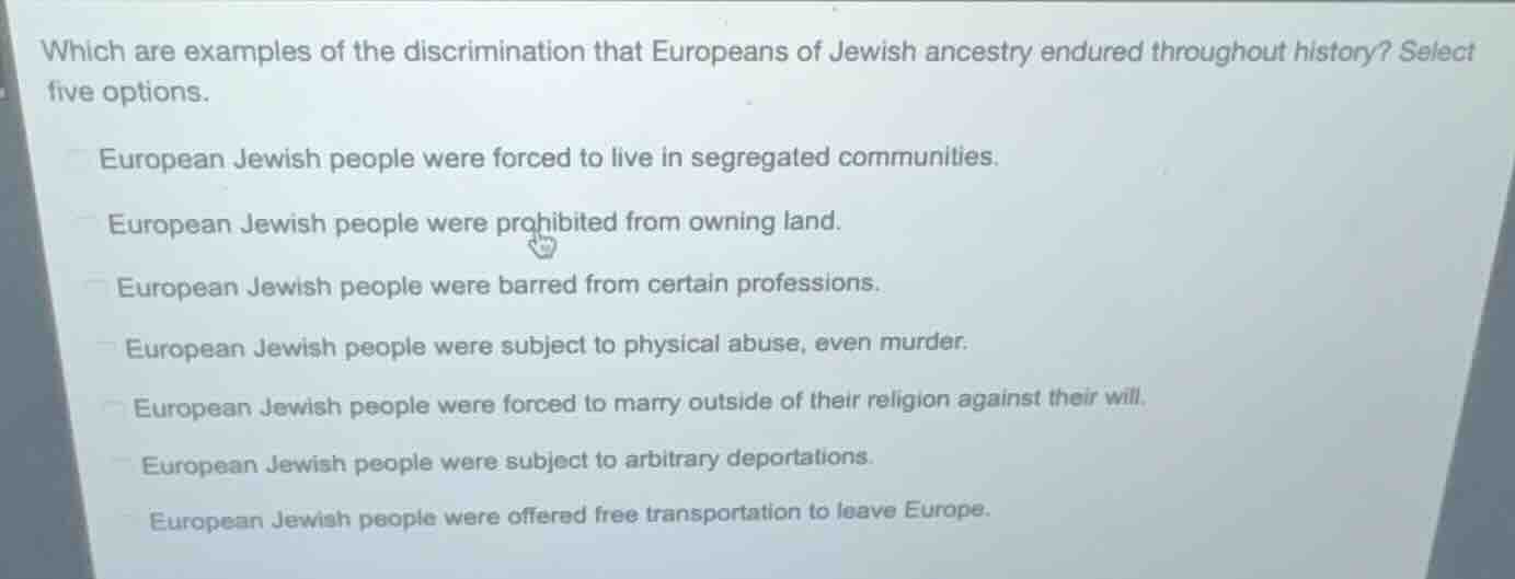 which are examples of the discrimination that europeans of jewish ances…