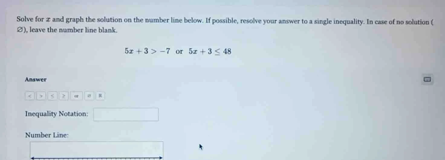 solve for ( x ) and graph the solution on the number line below. if pos…