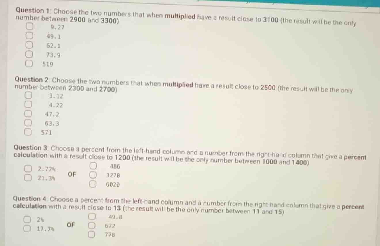 question 1: choose the two numbers that when multiplied have a result c…
