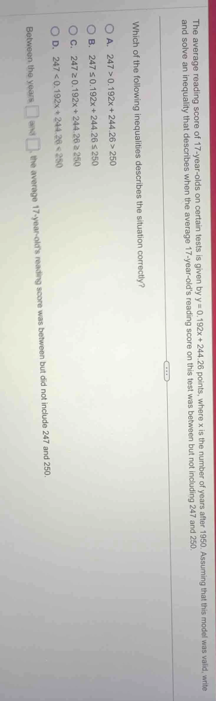 the average reading score of 17 - year - olds on certain tests is given…