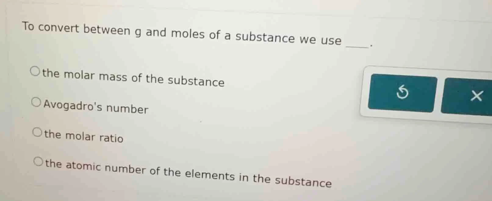 to convert between g and moles of a substance we use ____. the molar ma…