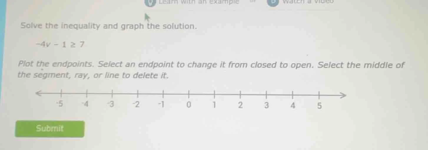 solve the inequality and graph the solution. -4v - 1 ≥ 7 plot the endpo…