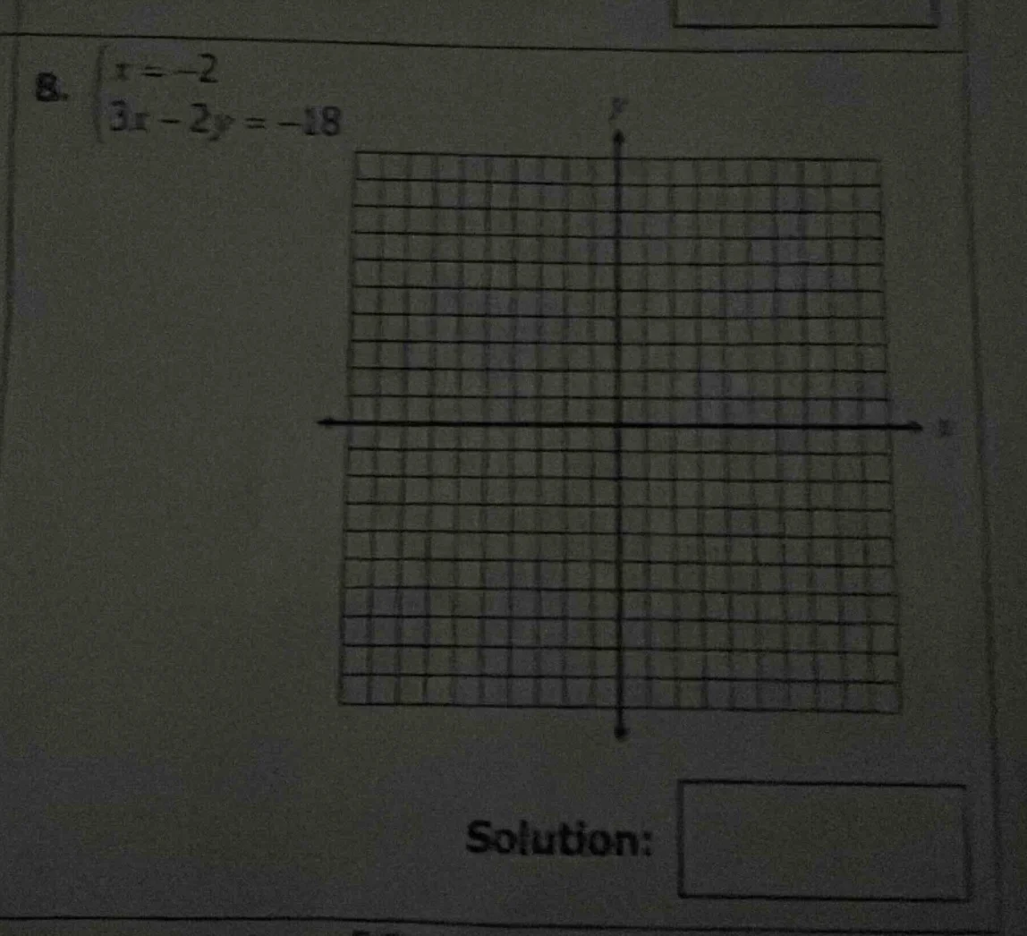 8. \\begin{cases} x = -2 \\\\ 3x - 2y = -18 \\end{cases} solution: