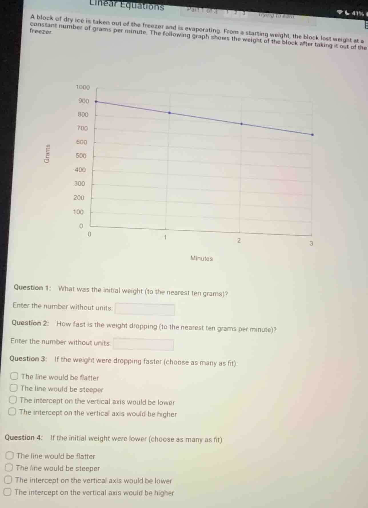 linear equations a block of dry ice is taken out of the freezer and is …