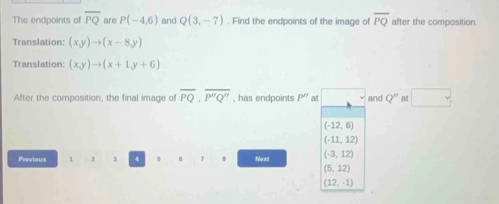the endpoints of \\(\\overline{pq}\\) are \\(p(-4,6)\\) and \\(q(3,-7)\…