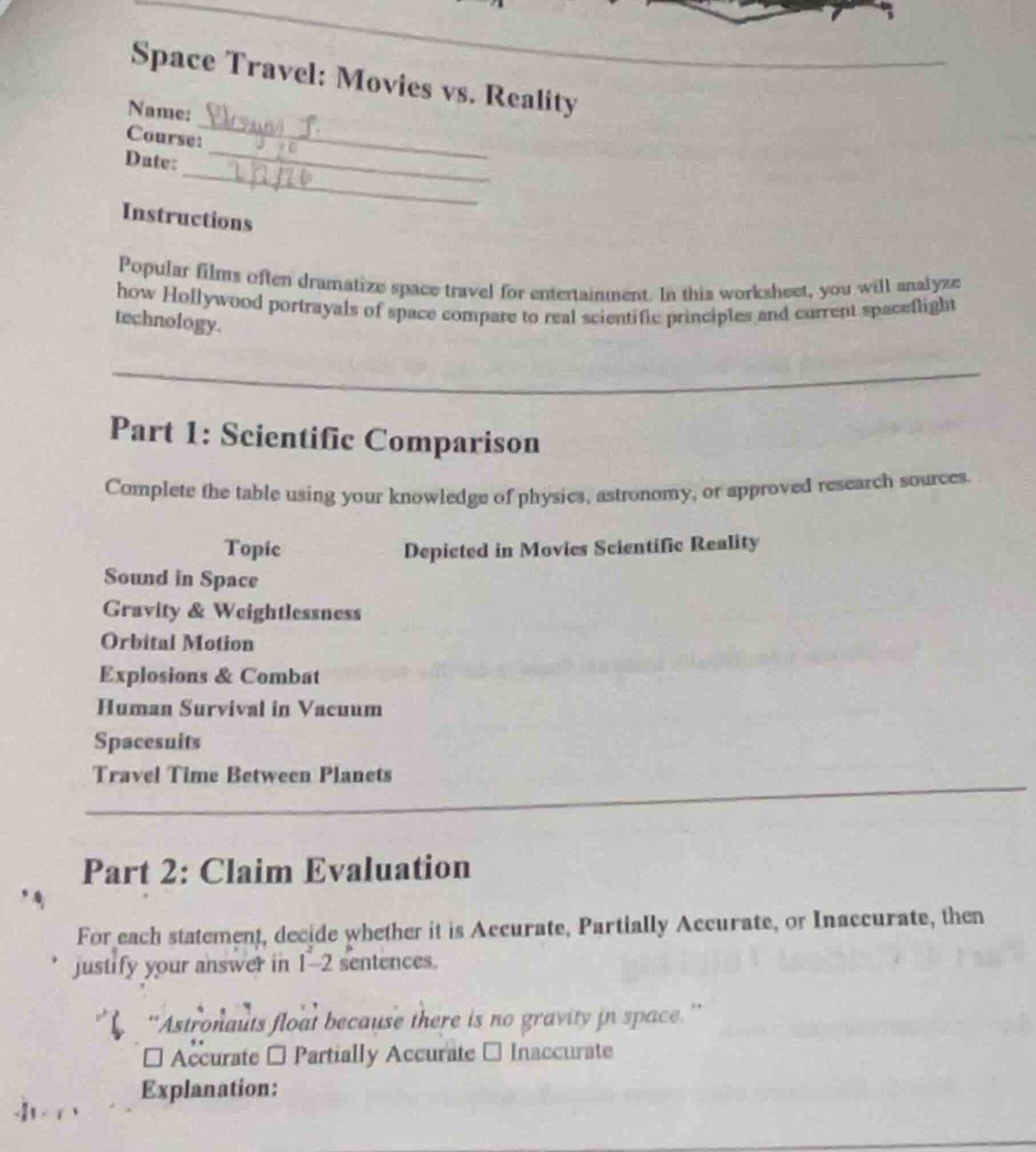 space travel: movies vs. reality name: course: date: instructions popul…