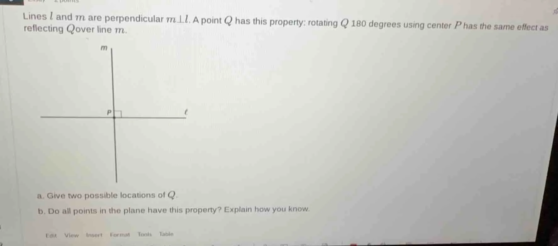 lines ( l ) and ( m ) are perpendicular ( m perp l ). a point ( q ) has…