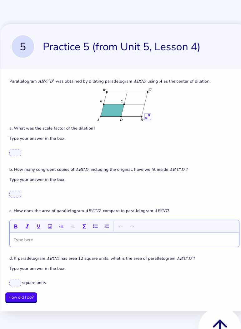 5 practice 5 (from unit 5, lesson 4) parallelogram ( abcd ) was obtaine…
