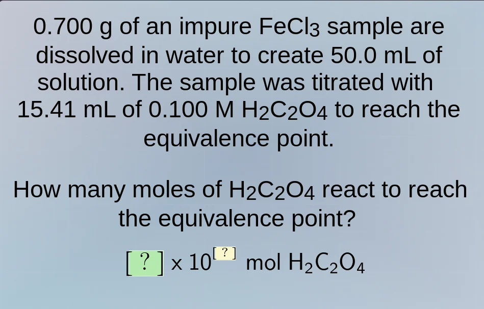 0.700 g of an impure fecl₃ sample are dissolved in water to create 50.0…