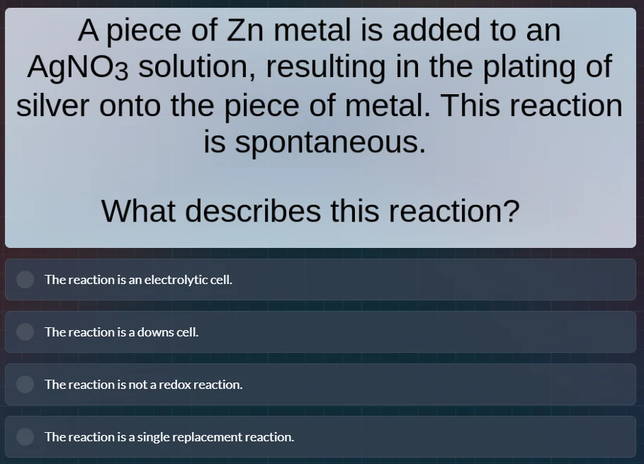 a piece of zn metal is added to an agno₃ solution, resulting in the pla…
