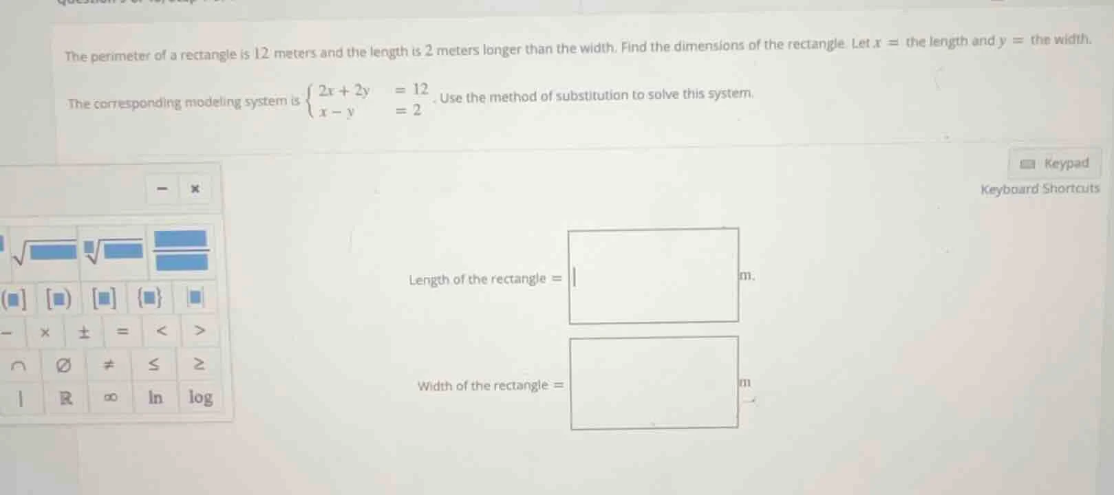 the perimeter of a rectangle is 12 meters and the length is 2 meters lo…