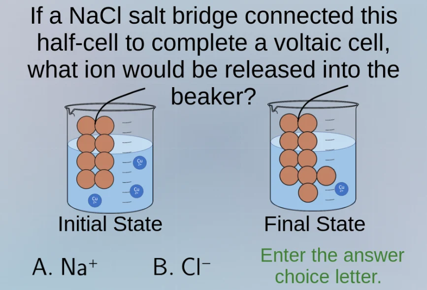 if a nacl salt bridge connected this half - cell to complete a voltaic …