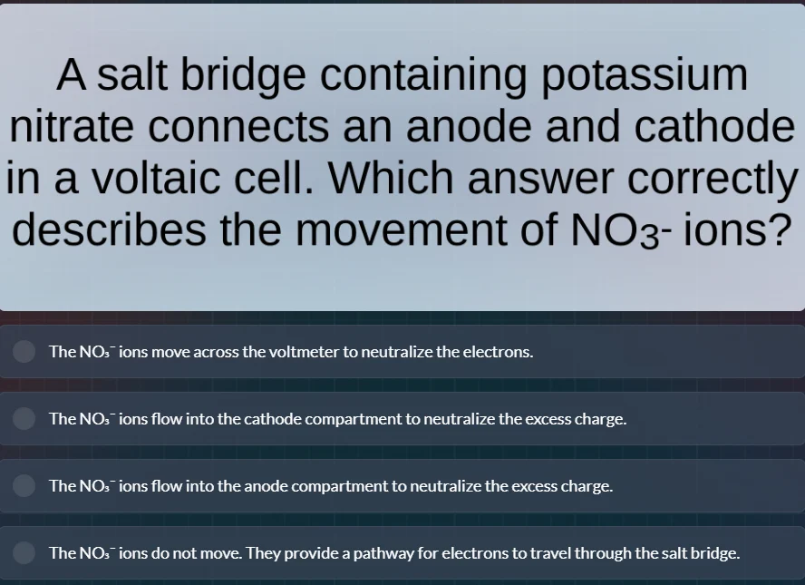 a salt bridge containing potassium nitrate connects an anode and cathod…