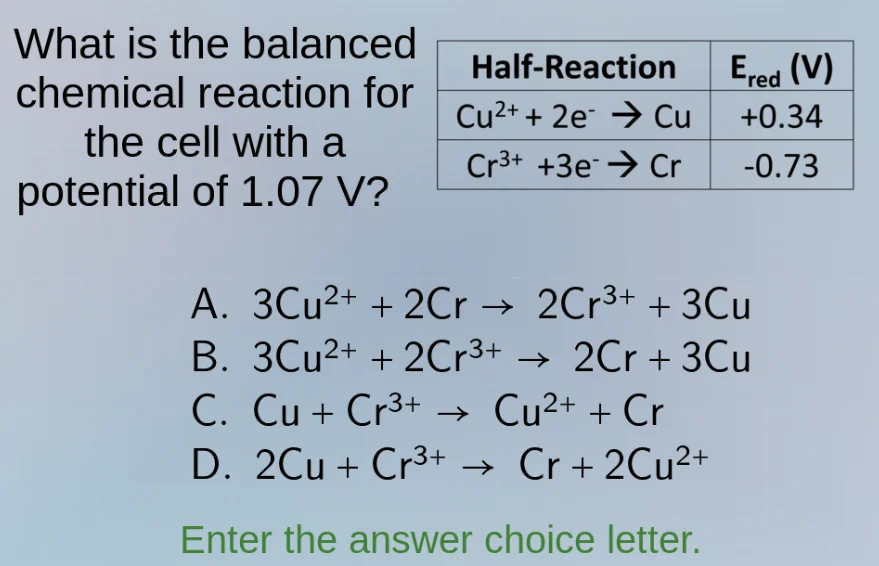 what is the balanced chemical reaction for the cell with a potential of…
