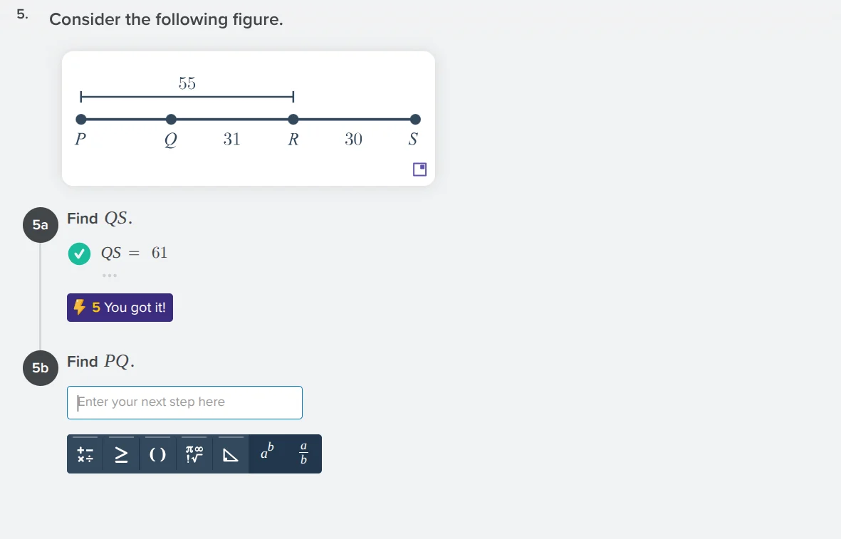 5. consider the following figure. find qs. qs = 61 5b find pq. enter yo…